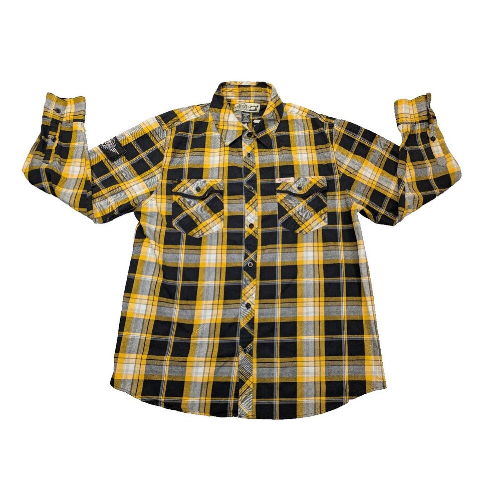 Raw Blue Flannel Shirt Mens 2XL Yellow Plaid Pride & Justice Graphic Long Sleeve